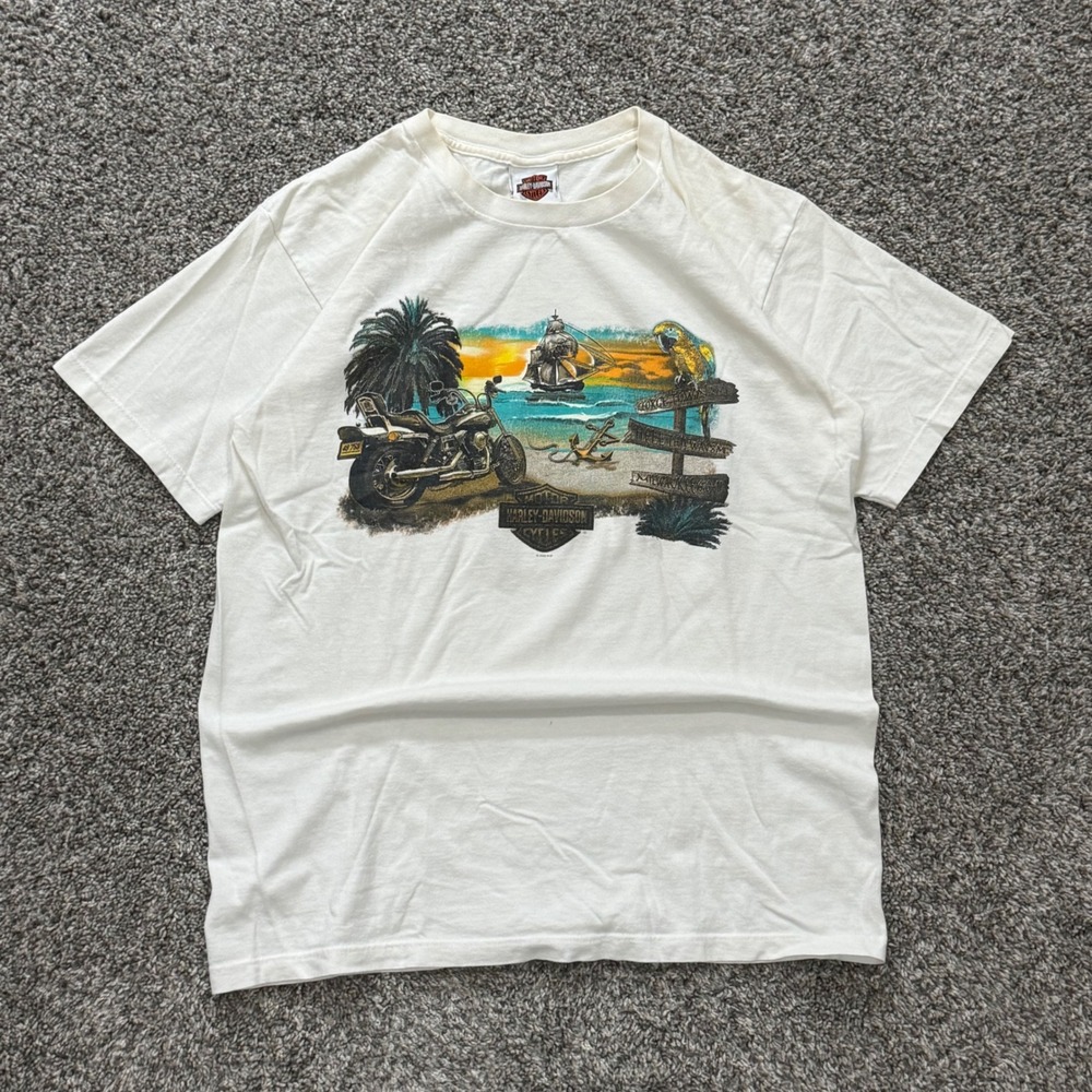 Vintage 2003 Harley-Davidson Grand Cayman Pirate Beach T-Shirt Mens L White